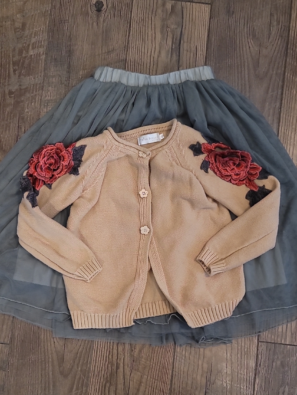 Trish Scully 6 Beige Floral Applique Cardigan with Green Tulle Skirt